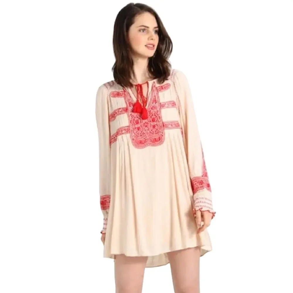 Free People Wind Willow Embroidered Boho Mini Peasant Tassel Indie Dress Size S